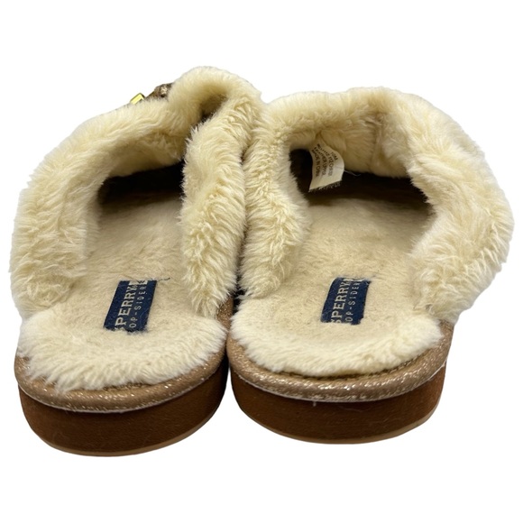 Sperry Rare Top Sider Gold Glitter Fur Trim Leather Slip On Comfy Clog Slippers - Picture 7 of 14